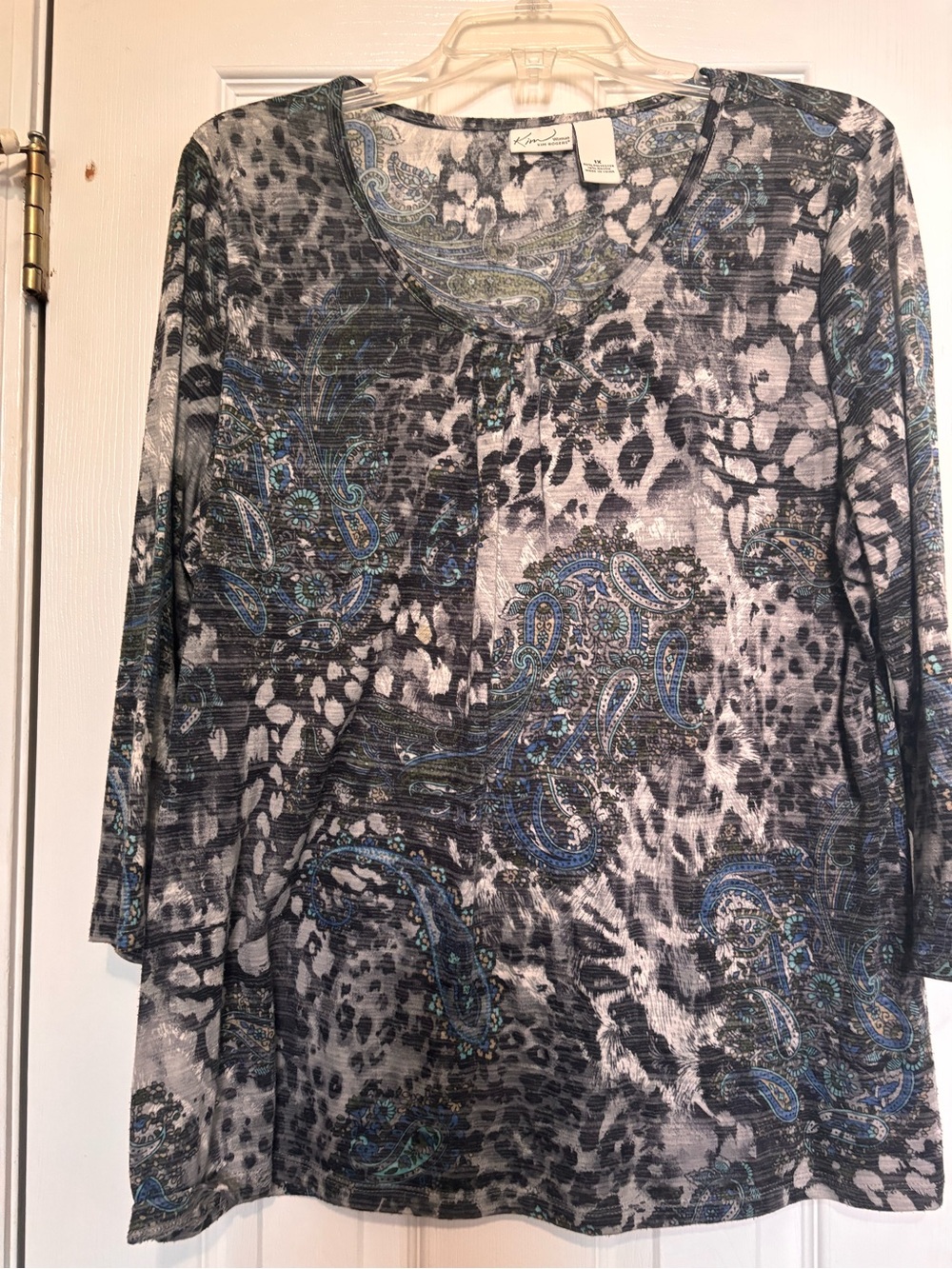Kim Rogers Woman Paisley & Floral V-Neck Sleep Top in Gray and Blue